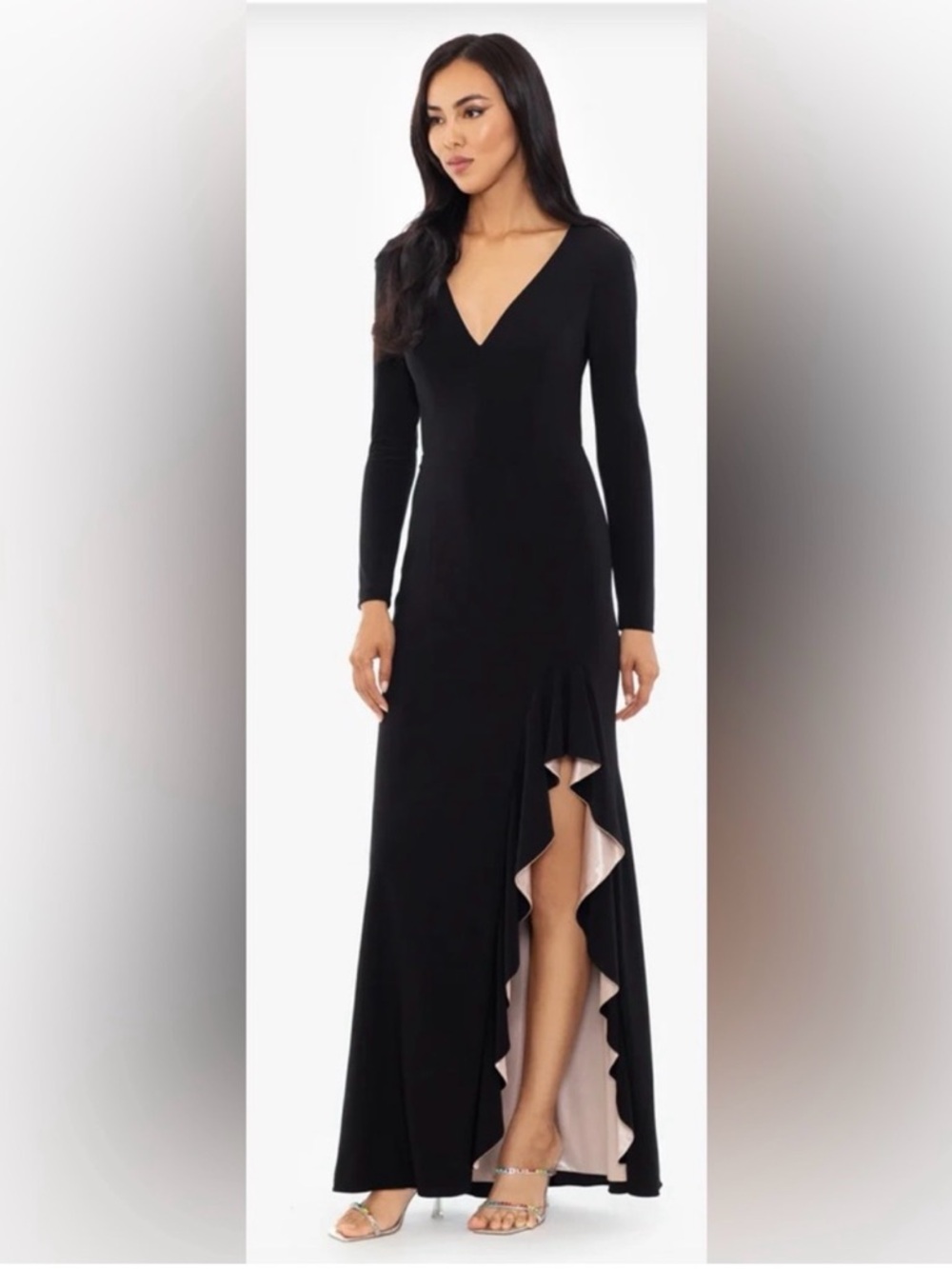Xscape Black Long-Sleeve V-Neck Evening Gown with Blush Ruffle Slit